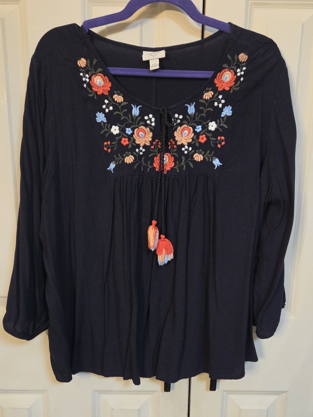 St. John's Bay Navy Embroidered Peasant Top with Tassels